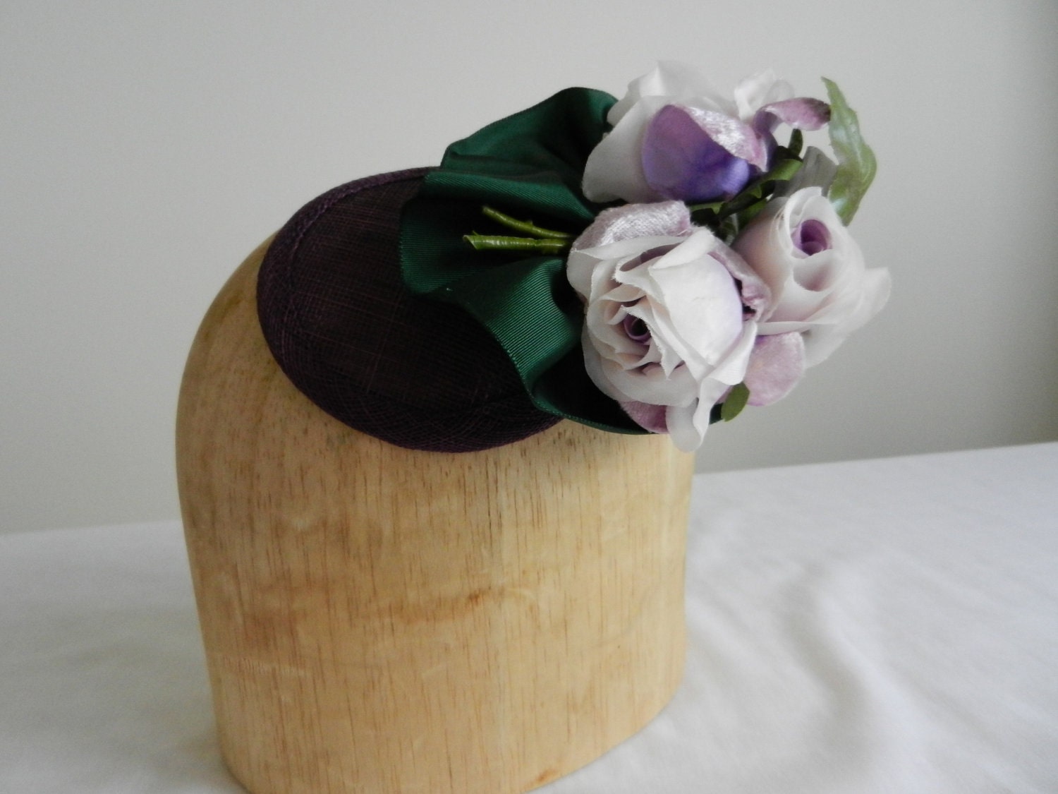 Fascinator Hat with Vintage  Silk and Velvet Orchid Flowers with Green Ribbon FrouFrou