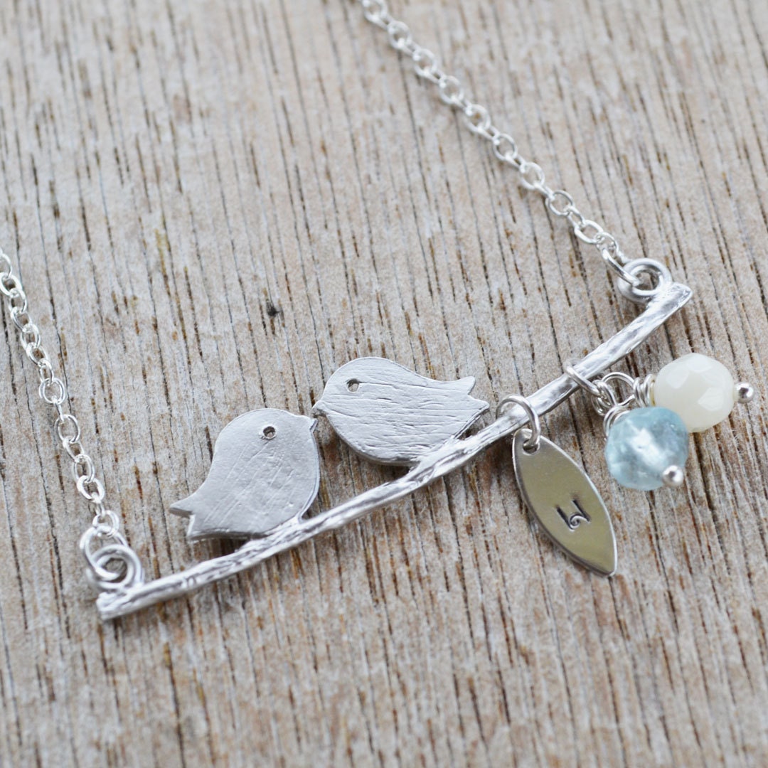 Love Bird Pendant with Personalized Charm, Blue Aquamarine and White Coral stones, Sterling Silver Chain, March Birthstone, Gift Under 30