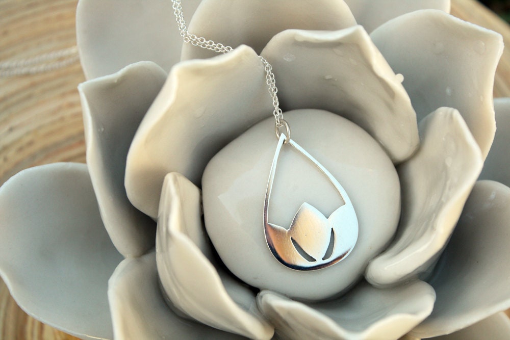 Lotus Pendant Flower Necklace Sterling Silver Water Lilly in Raindrop Zen Minimalist Jewelry