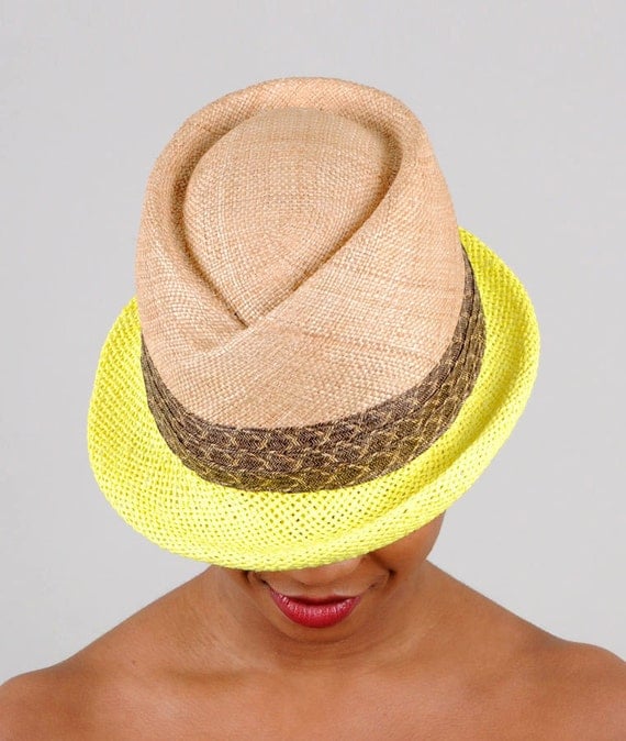 Straw fedora with bright yellow brim
