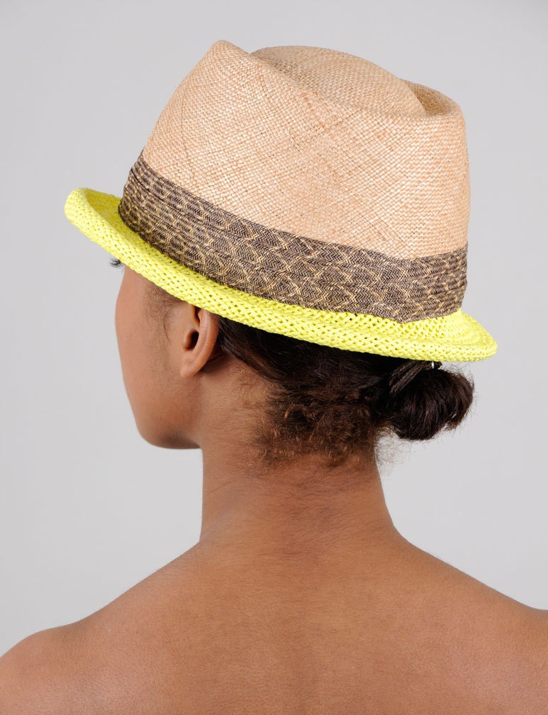 Straw fedora with bright yellow brim