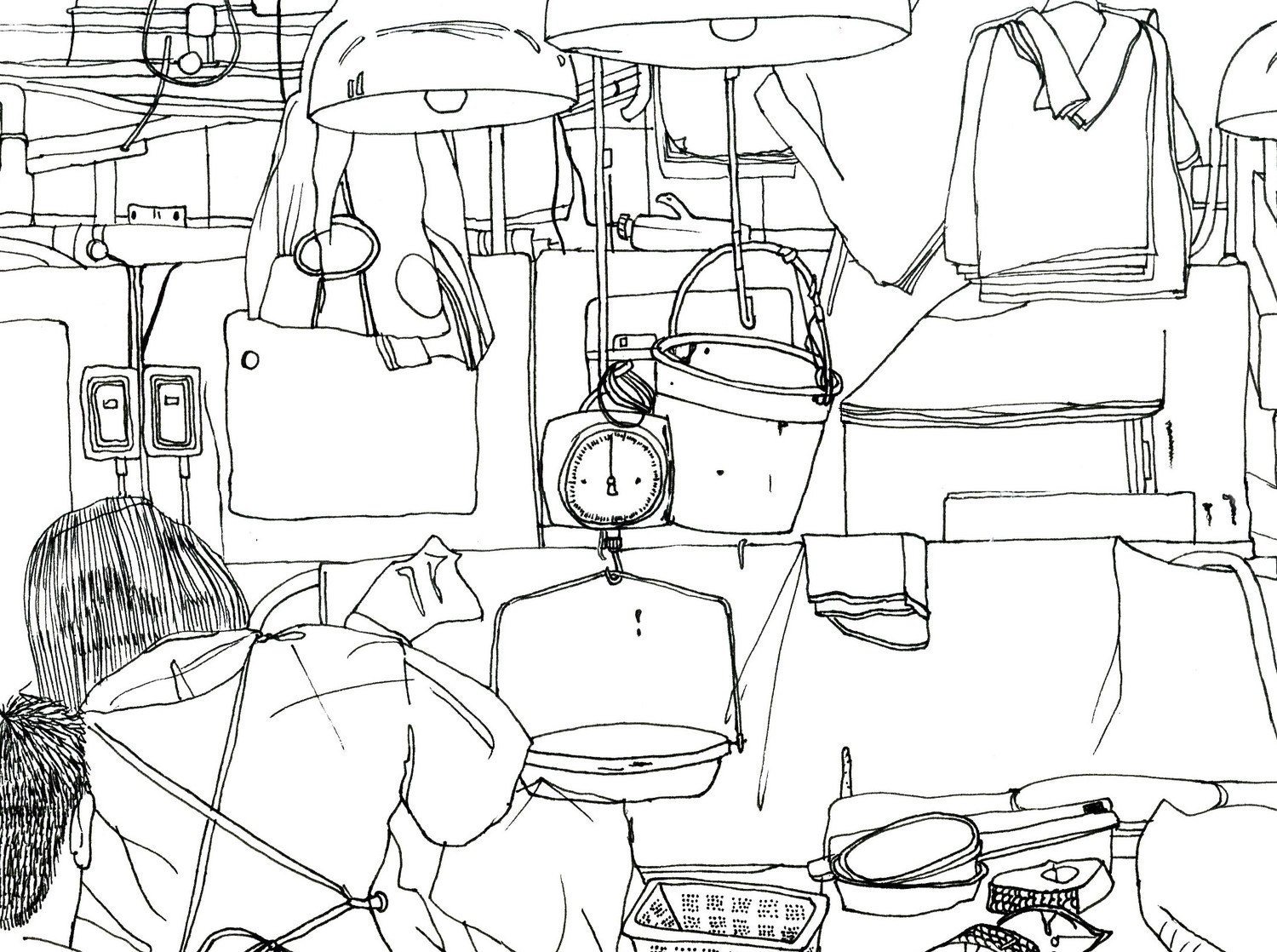 Wet Market, Hong Kong - Black and White Illustration Print 16.5" x 11.7" (a3)