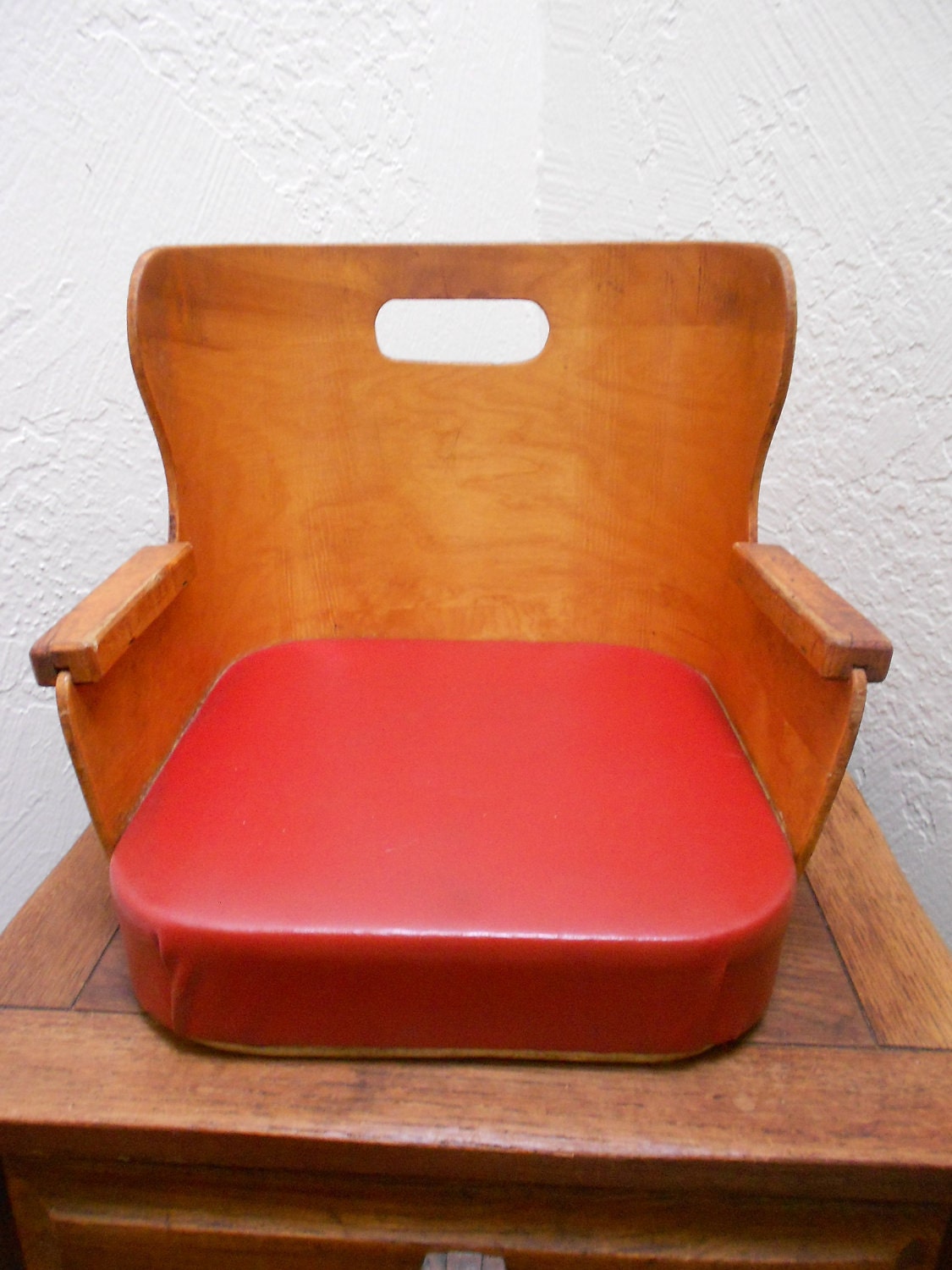 Bent Plywood Eames Era/ Danish Modern Styling Barber Booster Seat With Cherry Red Seat- Vintage "Child Seat" -Great For Pets
