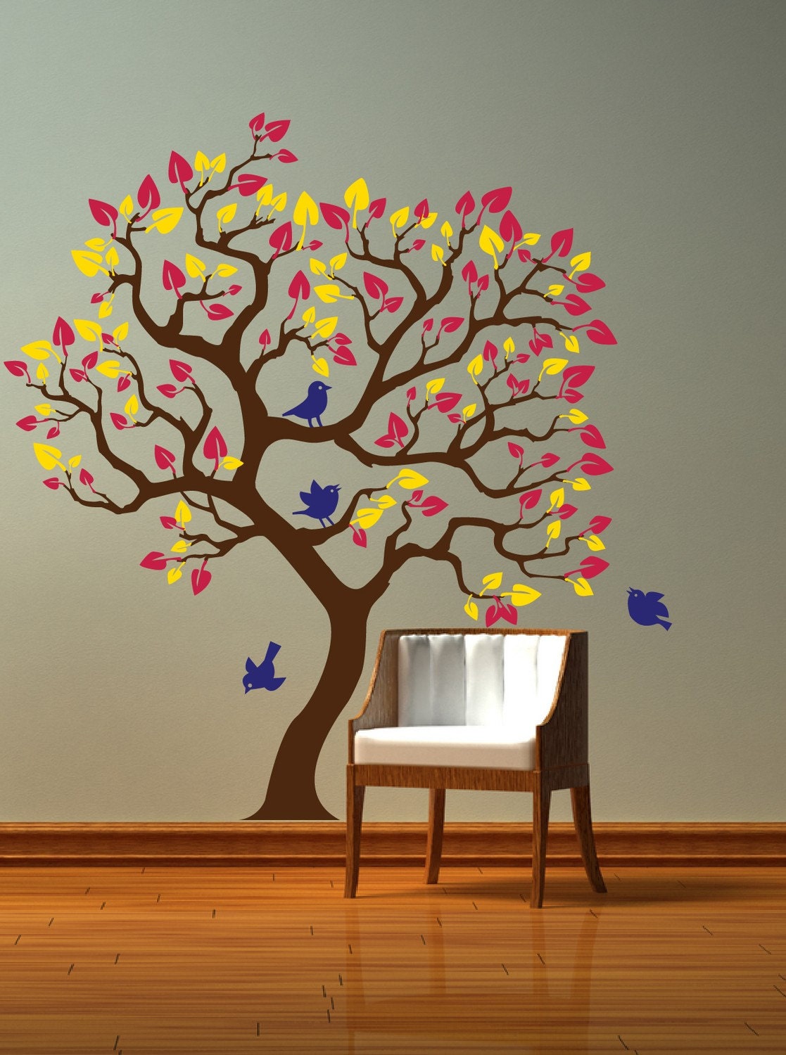 Wall decal sticker. Tree decal with colorful leaves and birds