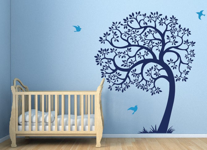 Tree wall decal. Birds and large tree wall decal sticker blue Nursery Decal baby boy playroom tree wall decal