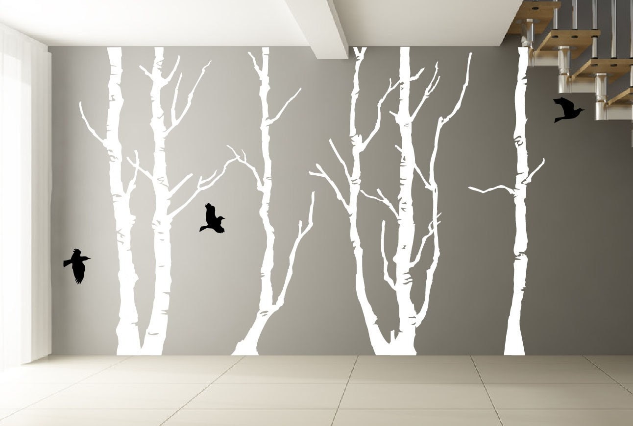 Vinyl Wall Decal - Forest and birds. Design measures 96" x 145"