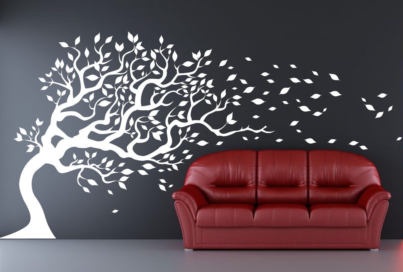 Tree Decal blowing in the wind flying leaves. Mural Removable vinyl Decal 77"x170" wall sticker