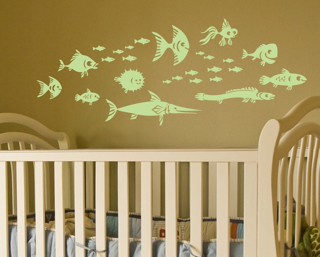 SALE Fish Vinyl Nursery Wall Decal. School of 26 fishies nursery decor playroom ranging in size from 2 " to 10".