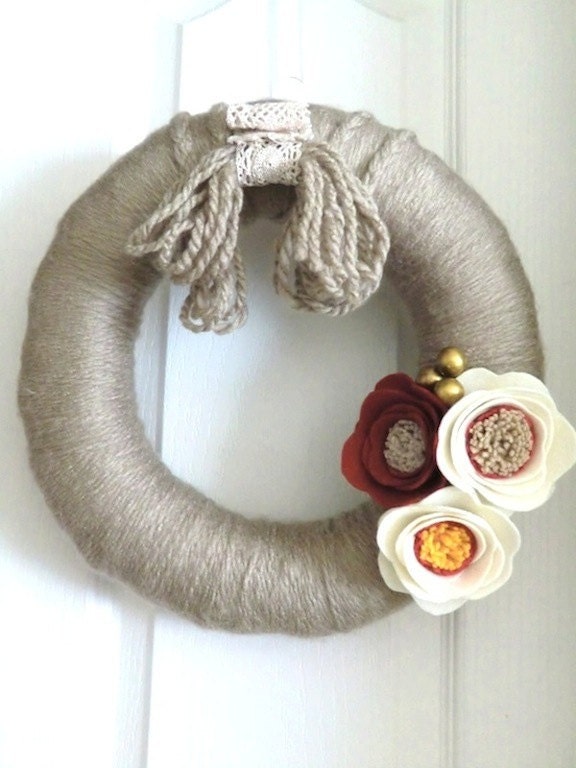 Modern Wreath - Russet Ecru Felt, Linen Yarn, Handmade Flowers - 12 inch