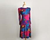 1980s bright floral tropical garden party dress size small or medium