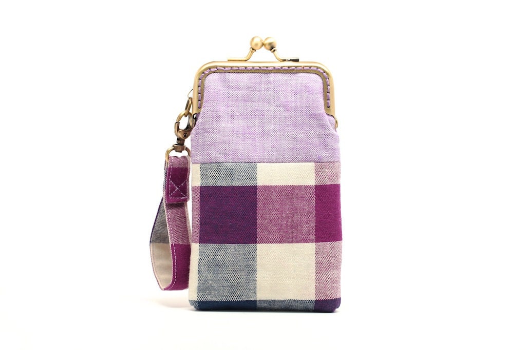 Purple plaid iPhone kisslock clutch
