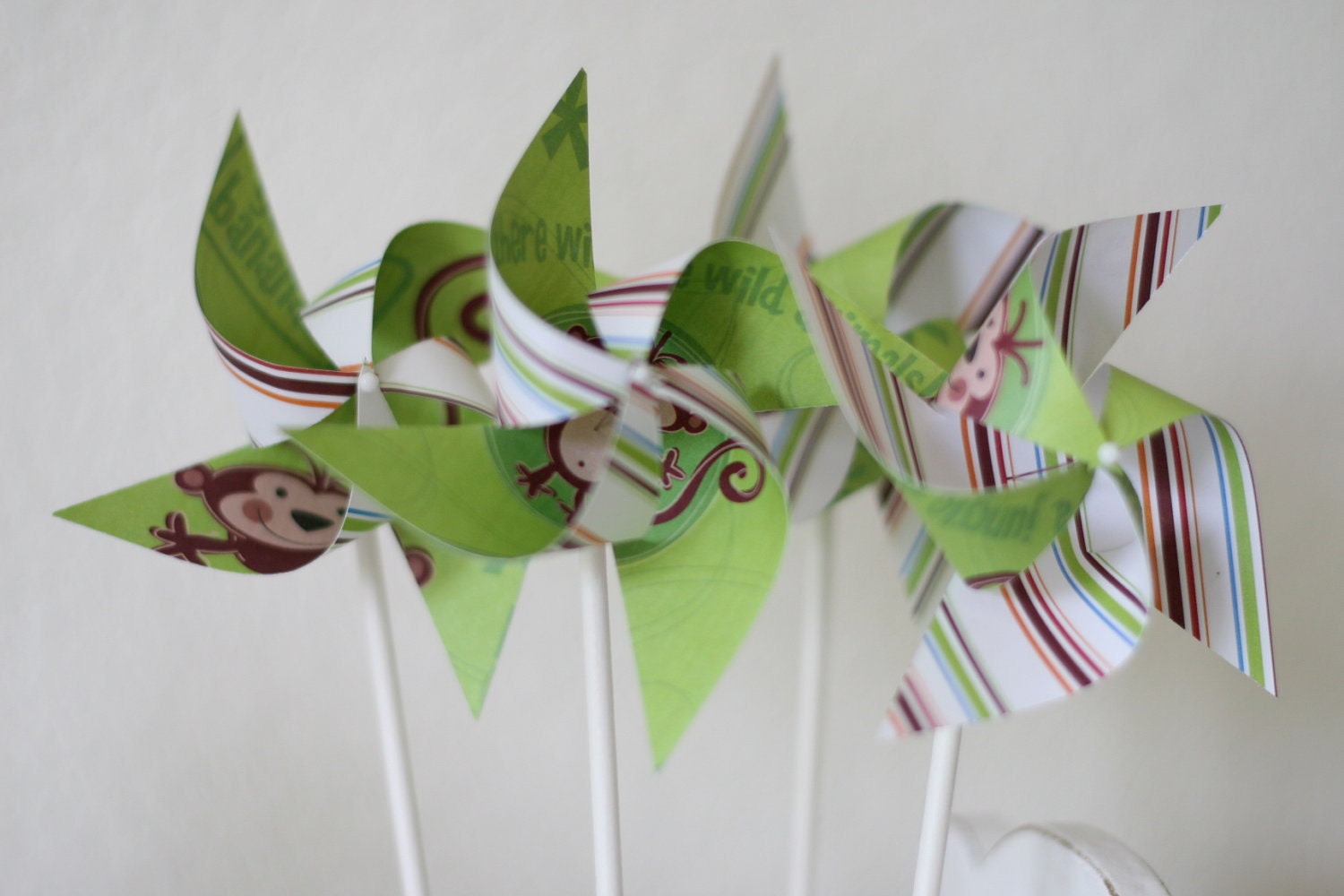 Monkey Favor 12 Mini Spinnable Pinwheels Green Monkey on My Back (Custom orders welcomed)