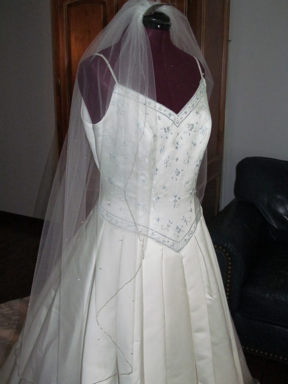 Wedding Veil White Fingertip Waterfall style with Silver Beading & Swaroski Crystals