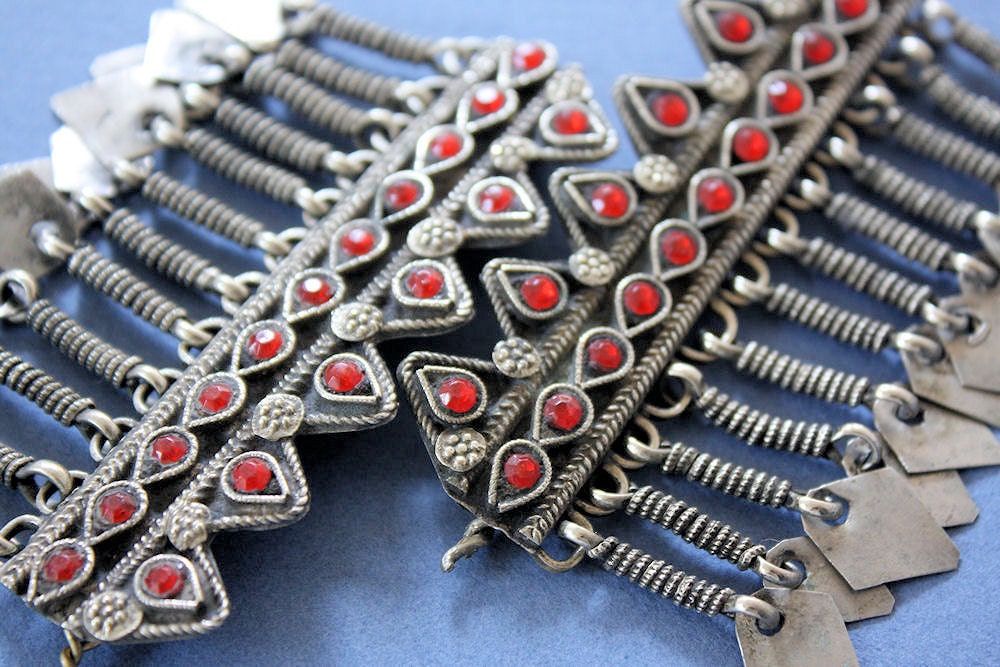 Pair of Tribal Barrettes Set with Red Glass Gems