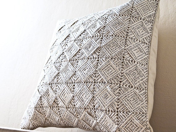 Free Shipping- LOVE LETTER Decorative Pillow Cover in Handmade Embroidered Ecru/Creme Embossing Pattern -16"x16"(40x40cm)