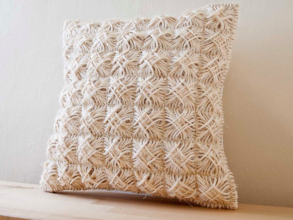 Free Shipping- PSAROU Summer Decorative Pillow Cover- Ecru Natural Cord Handmade Embroidered Embossing Pattern -16"x16"(40x40cm)