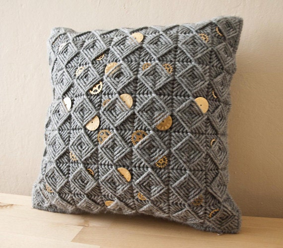 Free Shipping- INDUSTRIAL PILLOWTIME Decorative Pillow Cover- Gears on Grey Handmade Embroidered Embossing Pattern-16"x16"(40x40cm)
