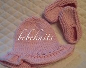 Hand Knit Ruffled Newborn Hat and Slippers in Soft Pink Cotton
