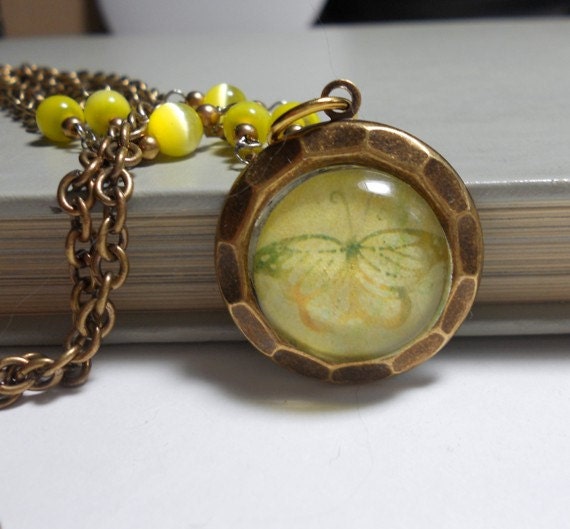 Beaded Necklace with Pendant, Yellow Butterfly Image Pendant, Glass Cabochon Pendant, Brass Long Chain, Everyday Jewelry