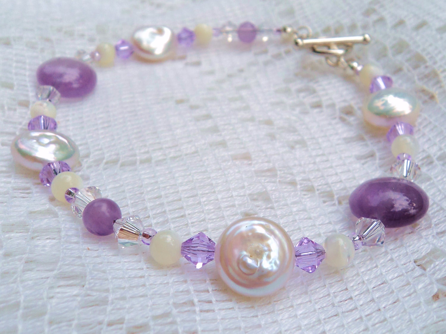 BRACELET - Paradise in Lavender - Swarovski Crystals, Freshwater Pearls, Amethyst, Mother-of-Pearl Shell