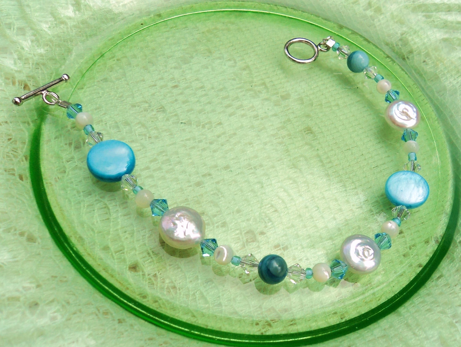 BRACELET - Paradise in Azure Blue - Swarovski Crystals, Freshwater Pearls, Mother-of-Pearl Shell