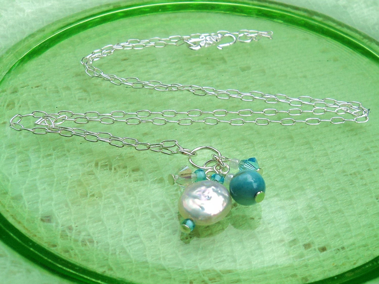 NECKLACE - Paradise in Azure Blue - Swarovski Crystals, Freshwater Pearl, Mother-of-Pearl Shell, Sterling Silver