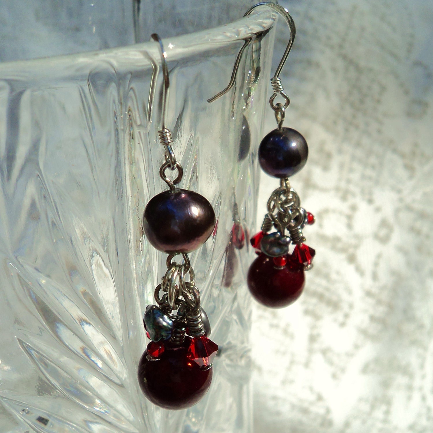 EARRINGS - Bleeding Love - Genuine Dyed Jade, Freshwater Pearls, Swarovski Crystals, Sterling Silver