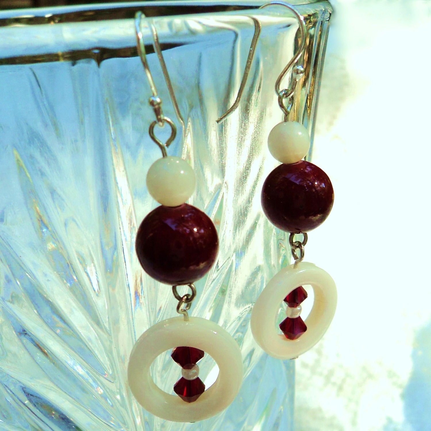 EARRINGS - Cape Cod Cranberry - Genuine Dyed Jade, Mother-of-Pearl Shell, Swarovski Crystal, Sterling Silver