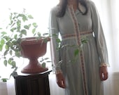 1960s robe, housecoat or long nightgown. Blue fleece, Scandinavian trim. Small.