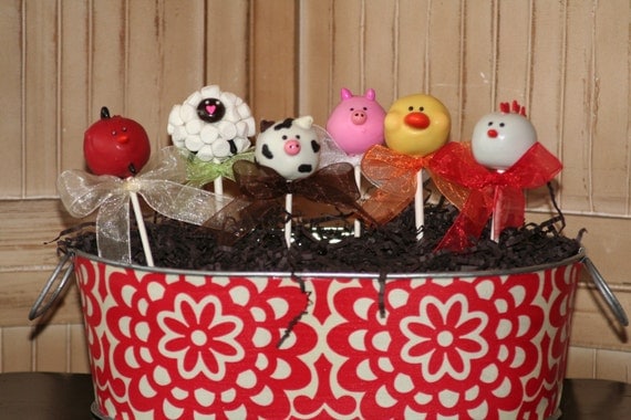 Mom's Killer Cakes & Cookies Own Farm Friends Barnyard Barn Yard Friends Cake Pops Rooster, Duck, Chicken, Cow, Bunny, Sheep, Cow and Pig Il_570xn
