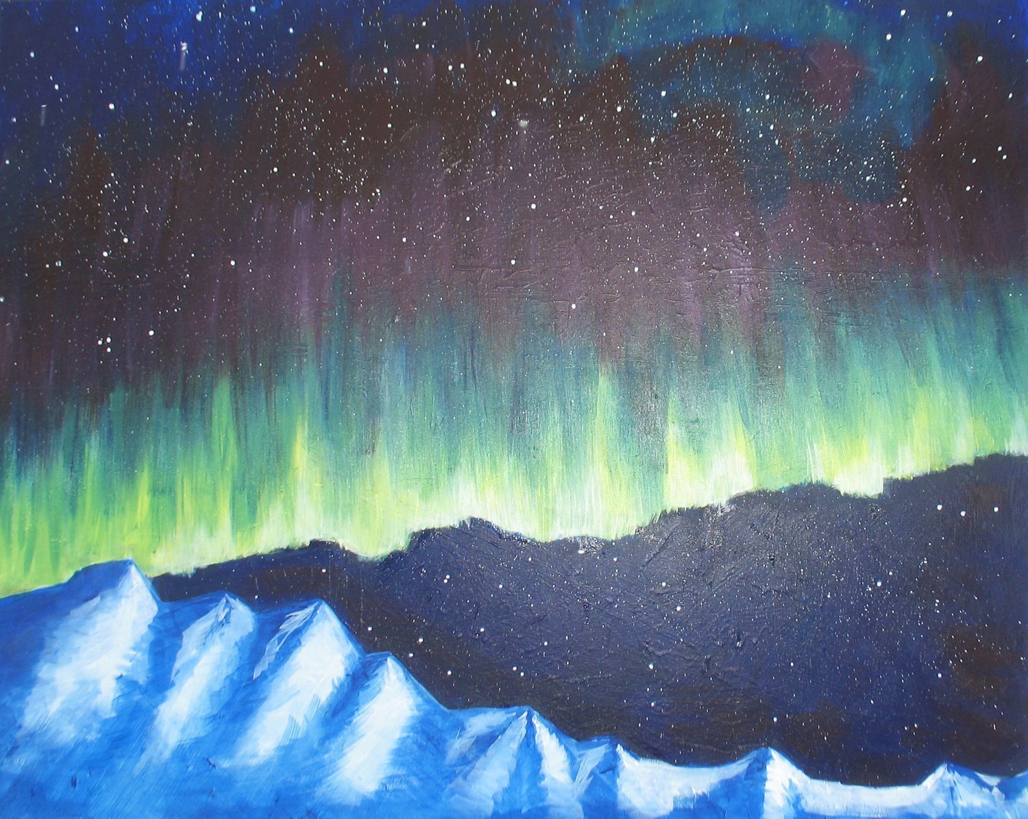 Northern Lights in the Mountains - Original Acrylic Painting - 100x80cm or 39.5x31.5"