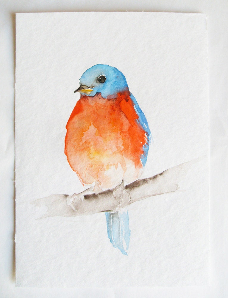 Little Orange and Blue Bird - Original Watercolor Painting