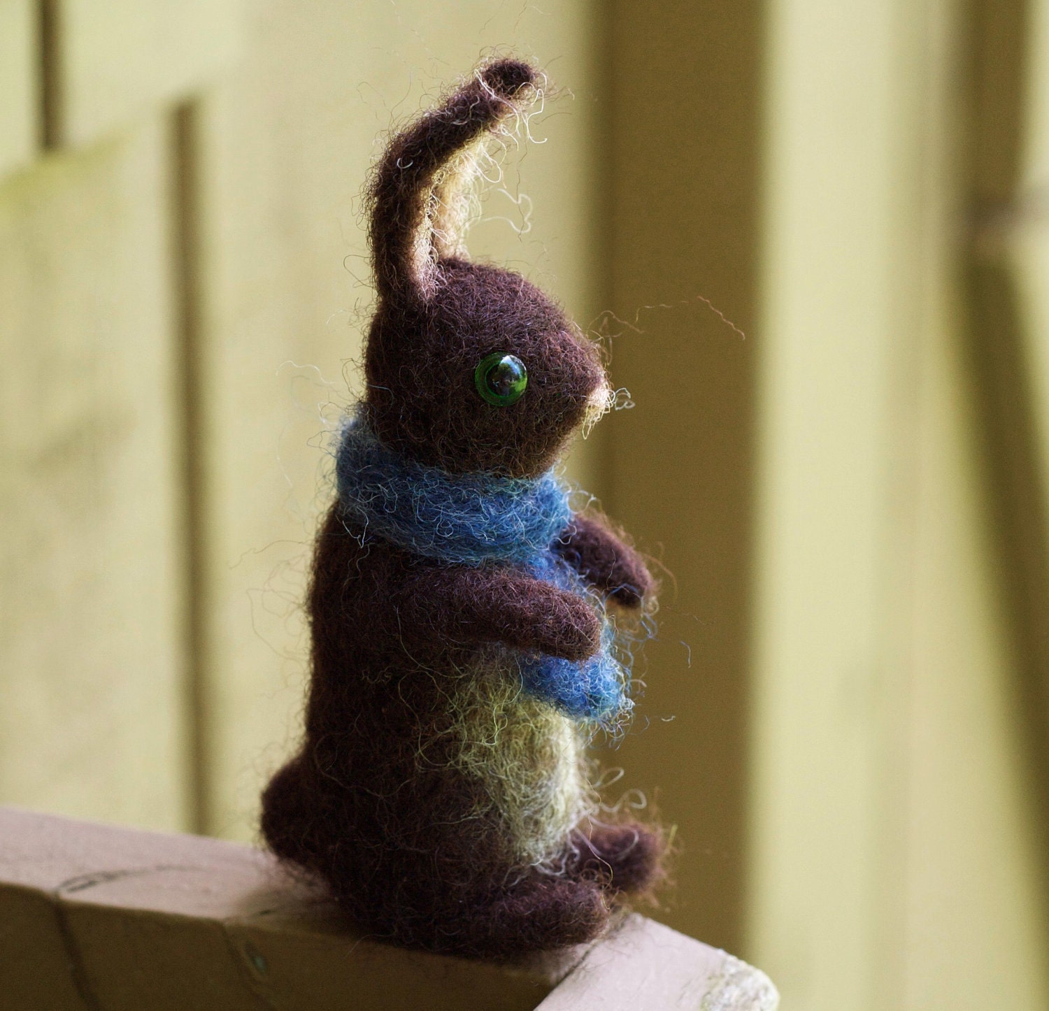 Needle Felted Chocolate Easter Bunny with Blue Scarf