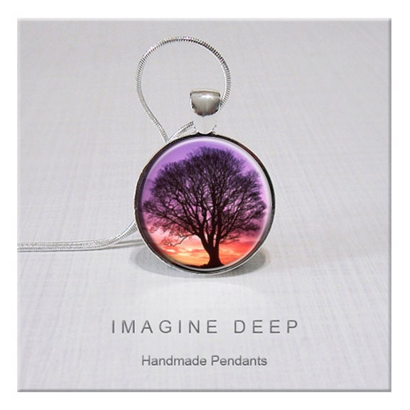 Pendant -  Tree Silhouette Purple Lavender Orange - High Quality Handmade Pendant - Sunset Sunrise Tree (083)