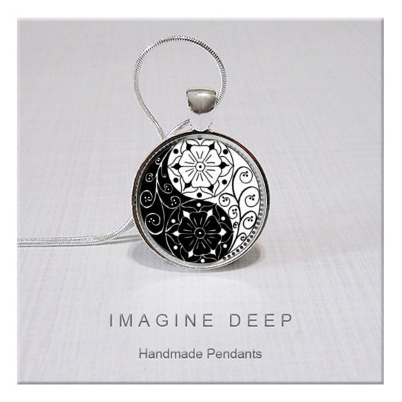 Pendant - Black White - Beautiful Yin Yang Design - High Quality Handmade Pendant - Yin Yang Floral Design (088)