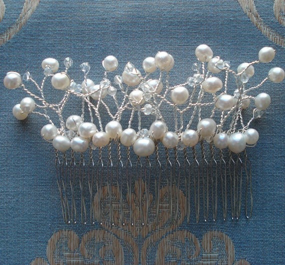 Pearl  Hair Comb  White Pearls Swarovski Crystals Winter Wedding Brides Bridesmaids Graduation Prom Occasions Black Tie Maid of Honor