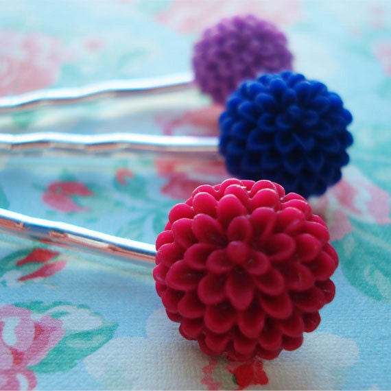 Flower Cabochon  Bobby Pins  Flowers Chrysanthemums Lilac Maroon  Dark Blue Set of Three Bridesmaid  Flower Girls  Bright Pink  Floral