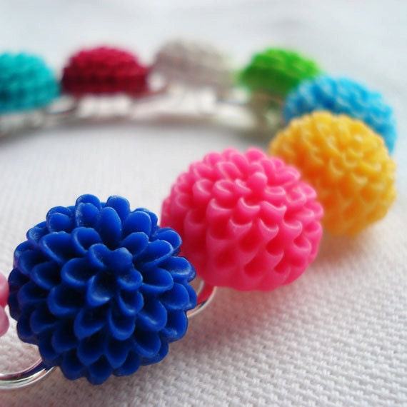 Flower Bracelet Bouquet for your Wrist Chrysanthemum Cabochons Pink Purple Green Blue White Yellow Maroon Orange Red Summer Brights