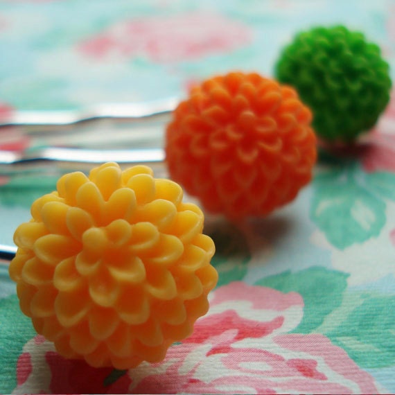 Bobby Pins Fresh Summer Flowers  Flowers Chrysanthemums in Sunshine Yellow Bright Orange and Green Set of Three  Bridesmaid Flower Girl