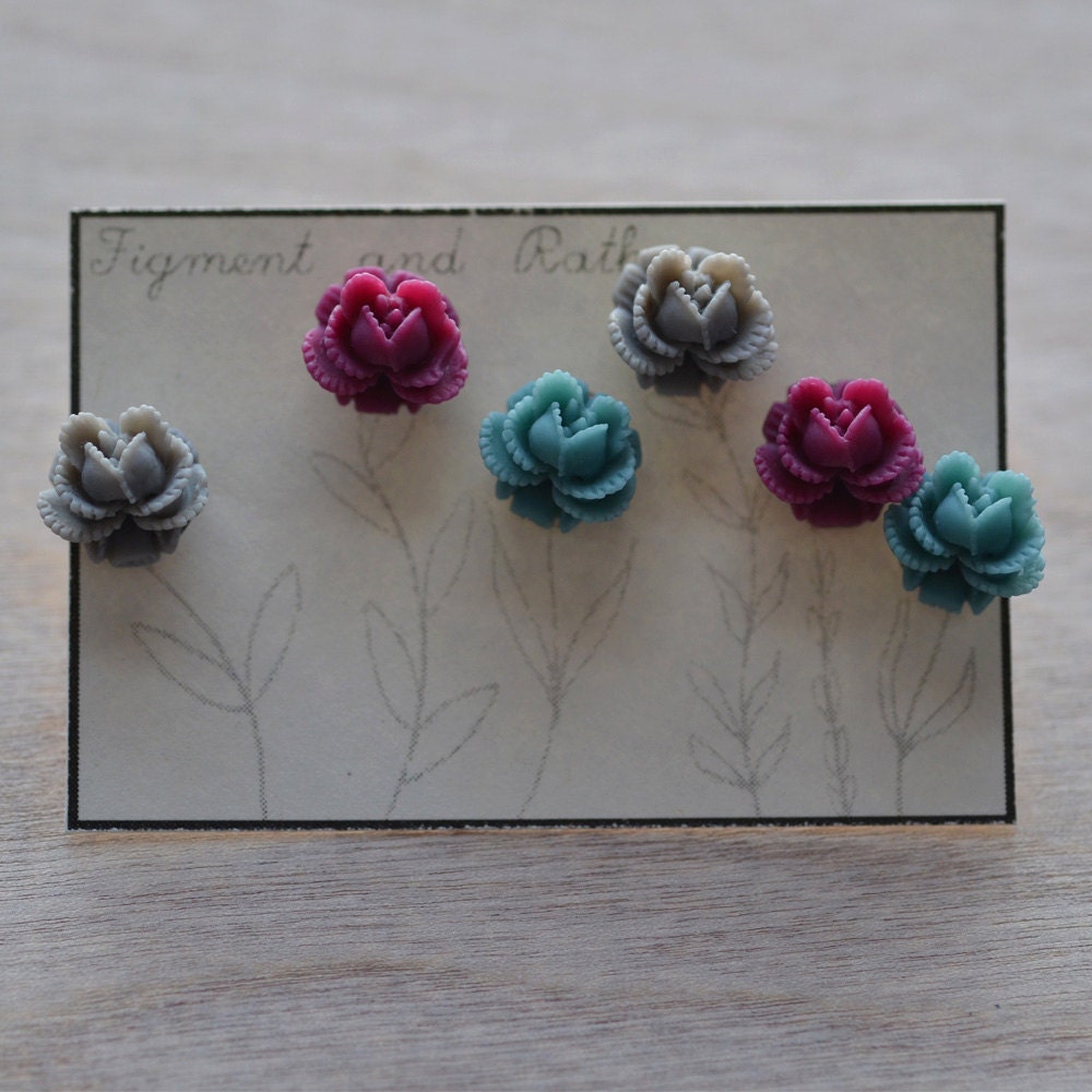 Earring Set Flowers Floral Three Grey Gray Maroon Teal Blue Spring Bridesmaids Gift Set Mothers Day Rose Dainty Delicate