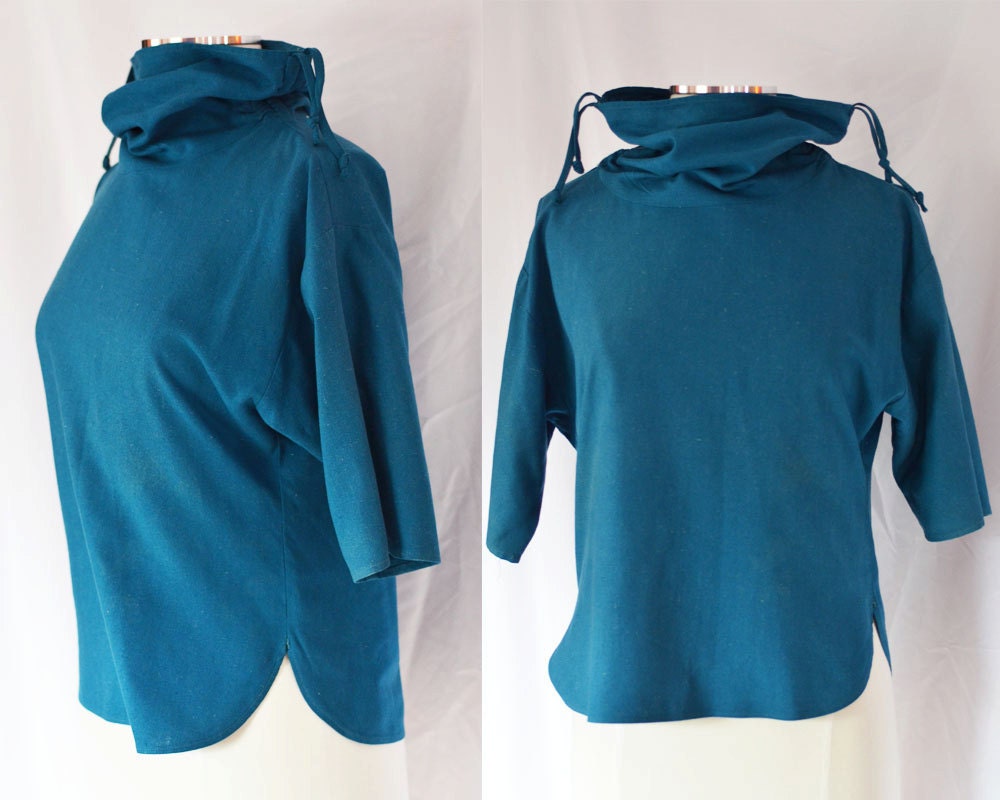 Blouse Shirt Top Blue Teal Cowl Neck Raw Silk 1980 80 80s 1980s  Fashion Size 7 8 Medium