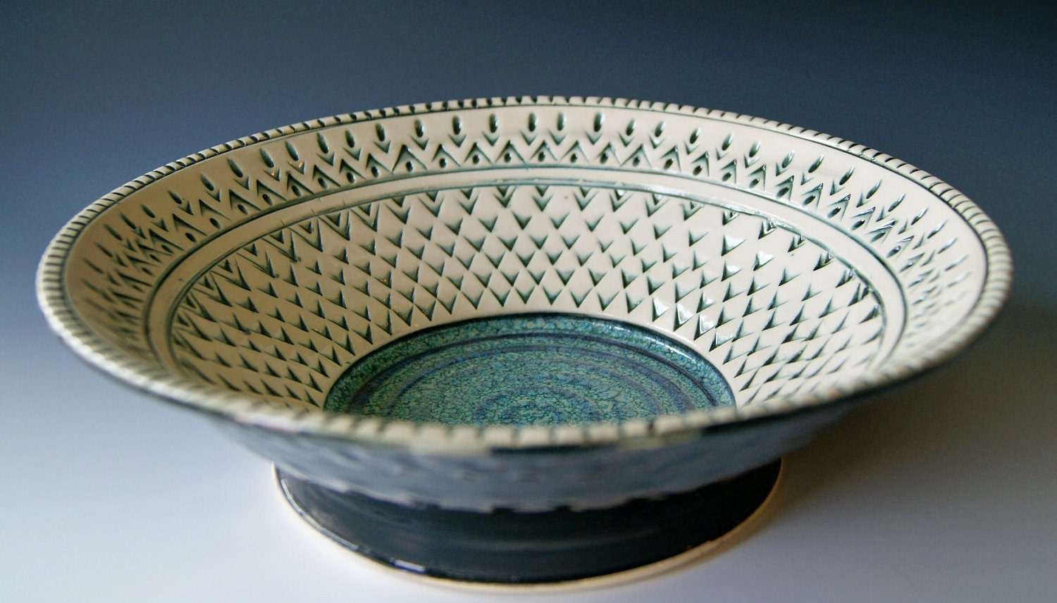 Ceramic Serving Bowl, Handmade Wheel-Thrown Stoneware, Blue Balck White by RiverStone Pottery