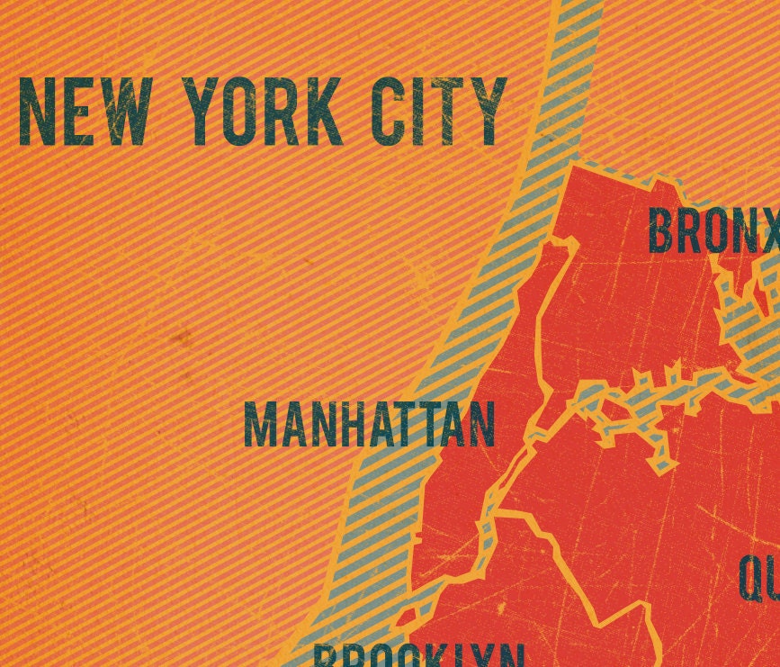 NYC Boroughs Map in Red- Vintage Style Print 11x17