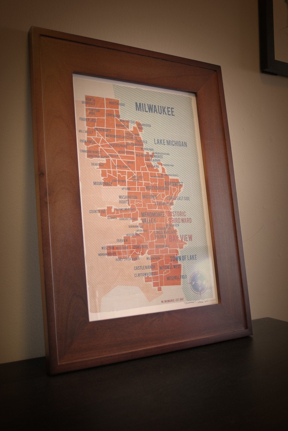 Milwaukee Map Poster in Orange- Vintage style print 11x17