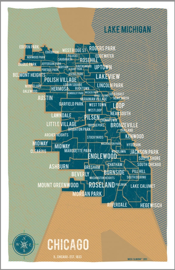 City of Chicago Map in Blue- Vintage Style Poster 11x17