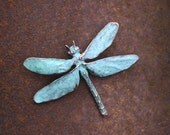 Large Dragonfly Brooch with blue green patina on copper