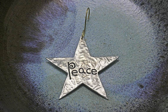 Christmas Star "Peace" Ornament in silver pewter.