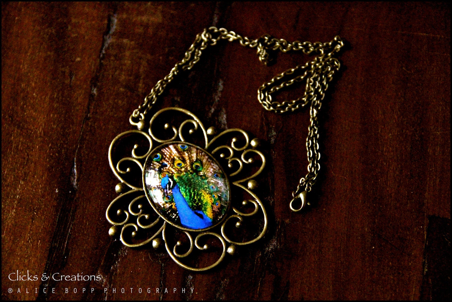 Antique Brass Chain Vintage Oval Glass Charm Art Pendant Necklace: "Peacock" 30mm x 40mm