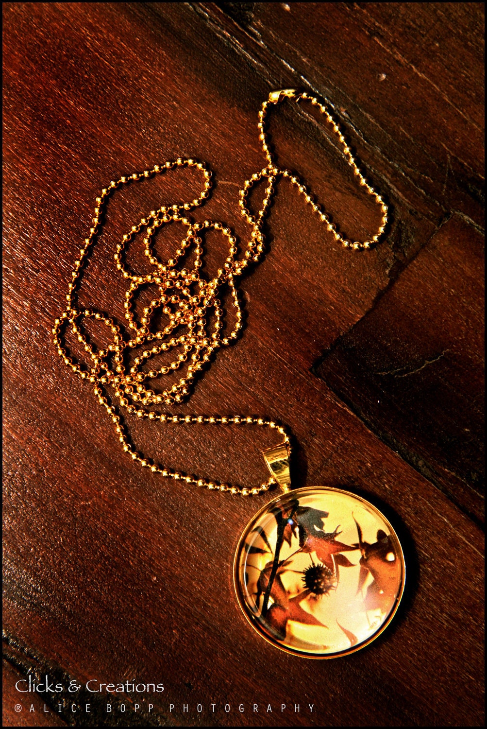 Yellow Gold Ball Chain  Round Glass Charm Necklace. Art Pendant Necklace: "Autumn" 25mm
