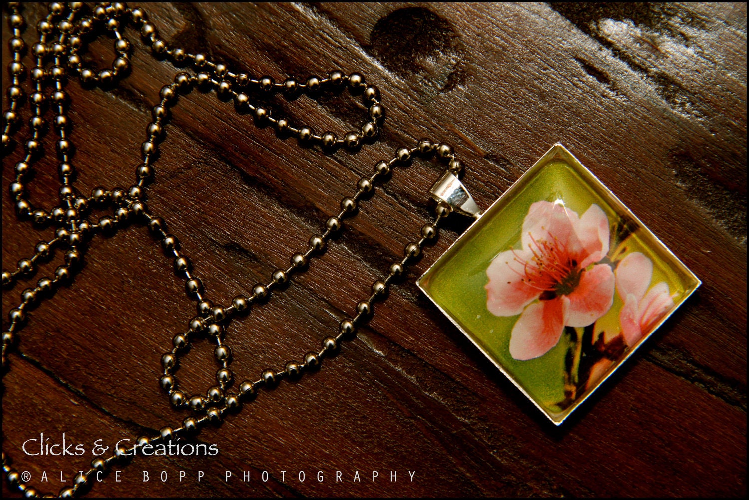 Silver Ball Chain Square Glass Charm Necklace. Art Pendant Necklace: "Cherry Blossom" 25mm